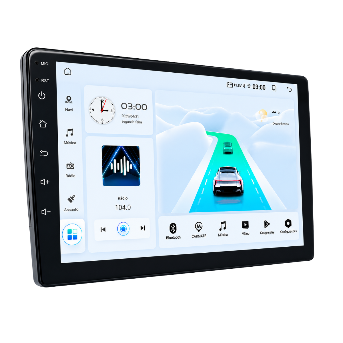 Central multimídia Android de 9 polegadas com 2GB de RAM e 64GB, tela inicial com relógio, rádio e atalhos de aplicativos